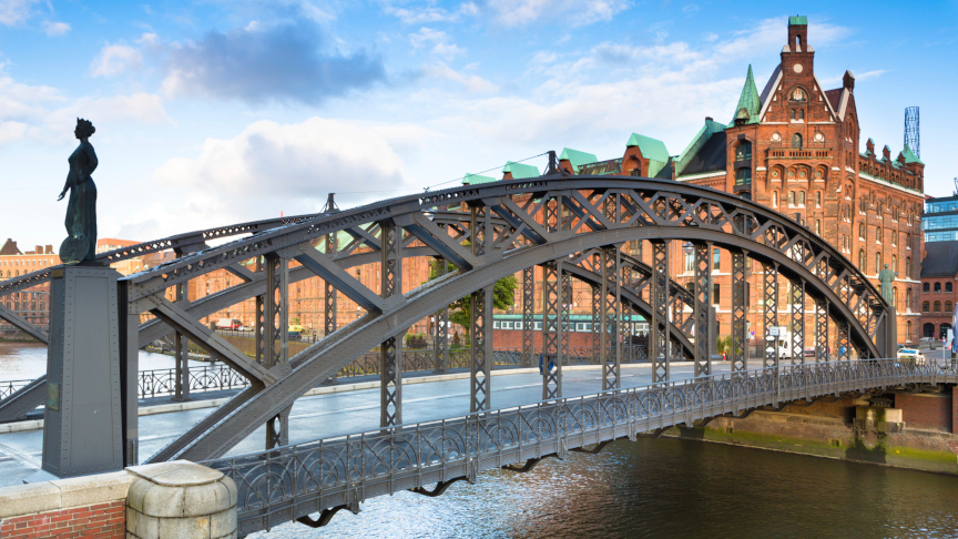 A bridge in front of Hamburg's warehouse district.
